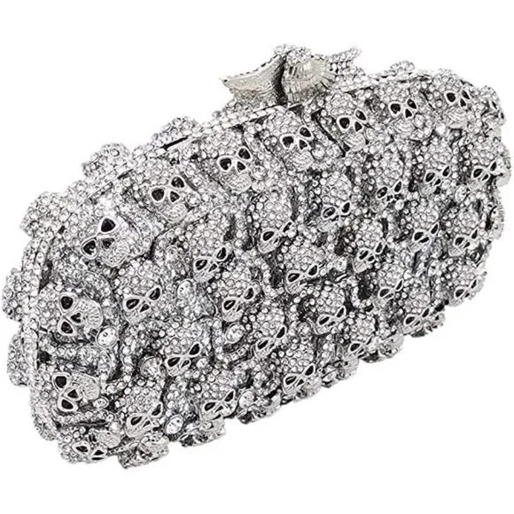 NWT Sparkling Bling Crystal Rhinestone Skull Clutch Purse Silver Gold +F… - Picture 5 of 11